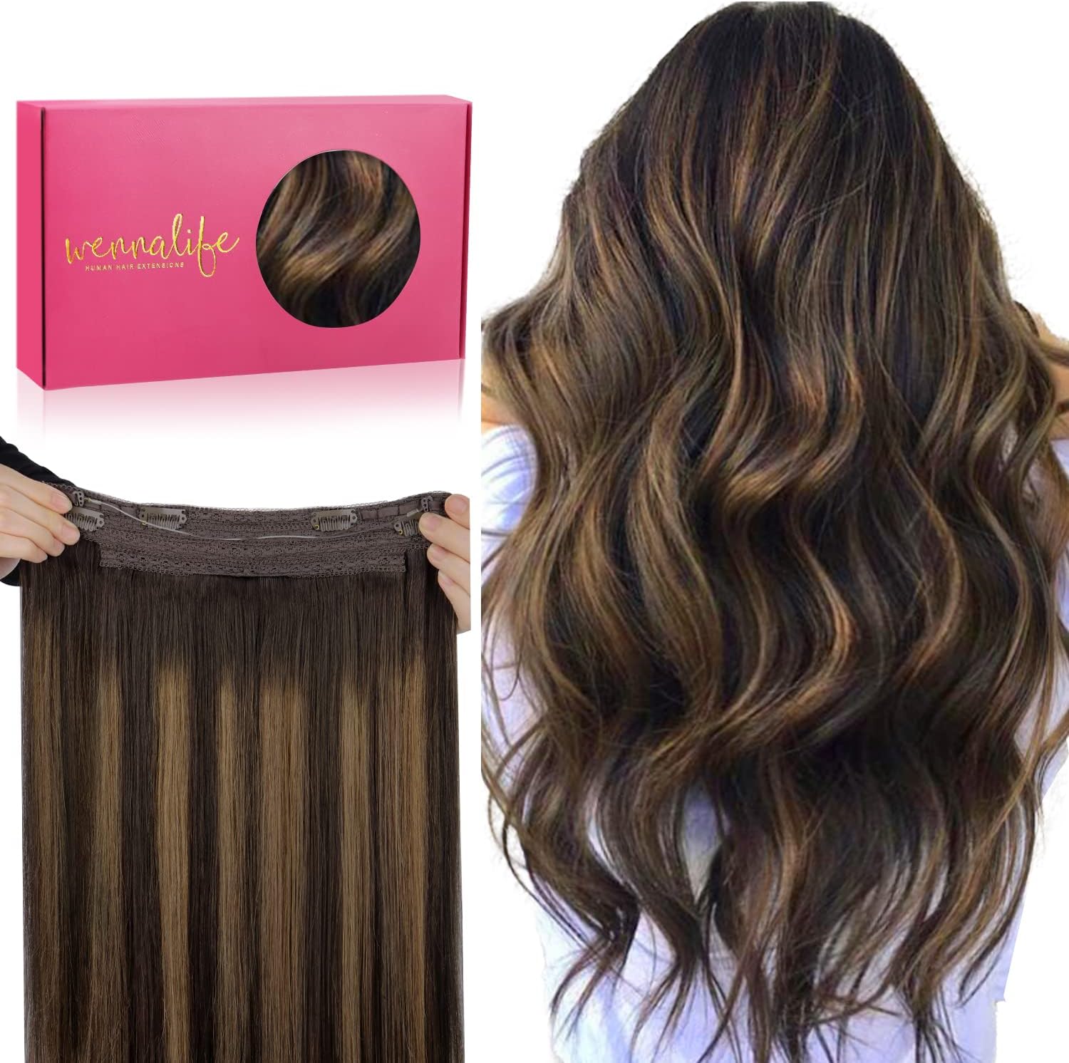 Wennalife wire hair extensions front view of premium pink packaging box