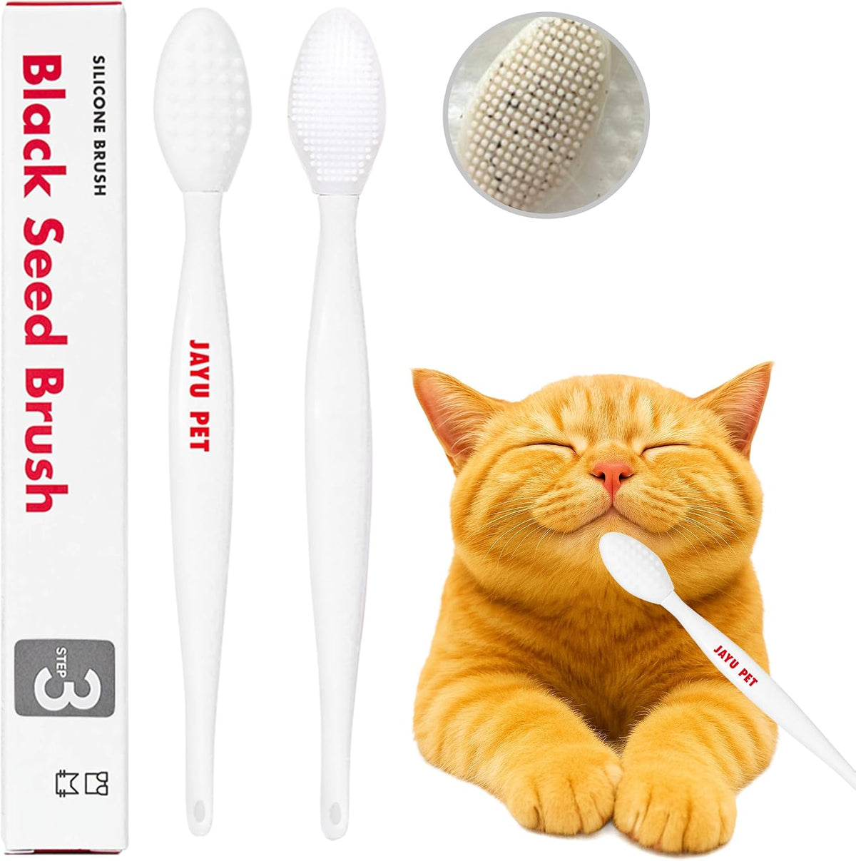 Jayu Pet Black Seed Brush front view showing the dual-sided silicone cat grooming brush head.
