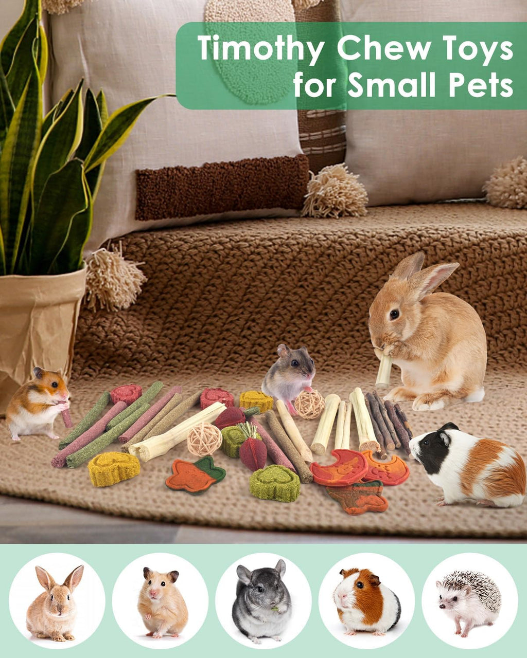 ERKOON 33 piece pet teething kit detailing the fiber rich ingredients like wheat and sweet bamboo.