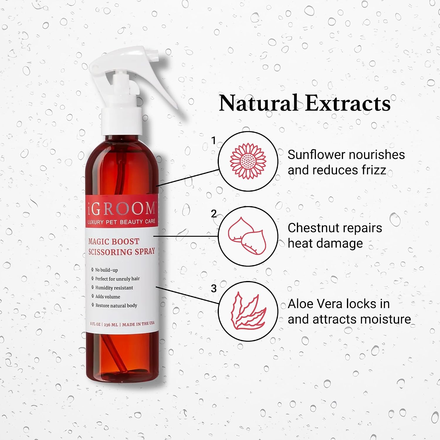 Professional dog styling spray being used for precise scissor work