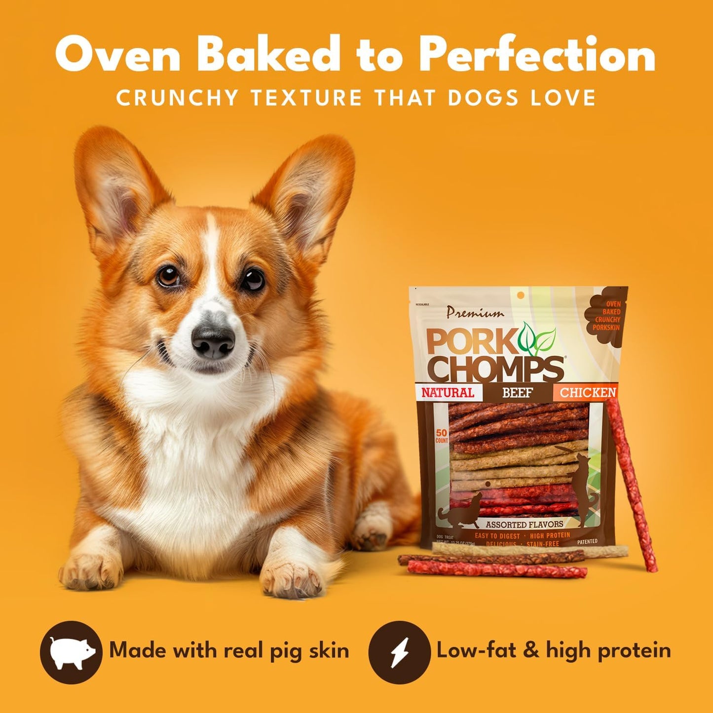 Pork Chomps assorted flavors roasted pork chicken and bacon dog treats pack