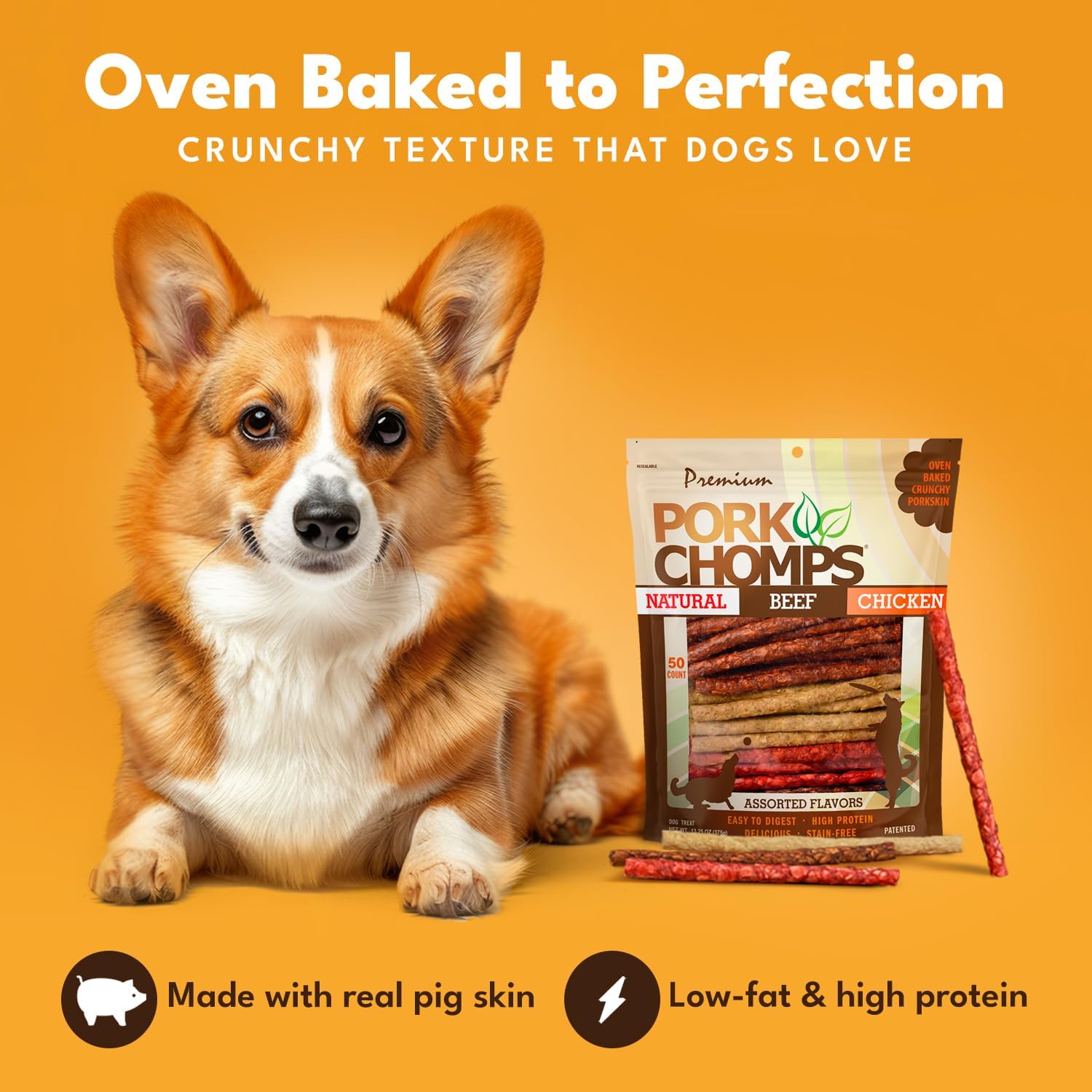 Pork Chomps assorted flavors roasted pork chicken and bacon dog treats pack