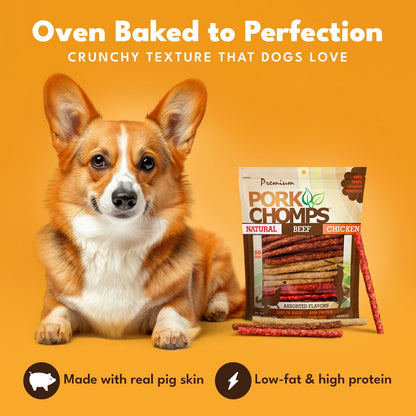Pork Chomps assorted flavors roasted pork chicken and bacon dog treats pack