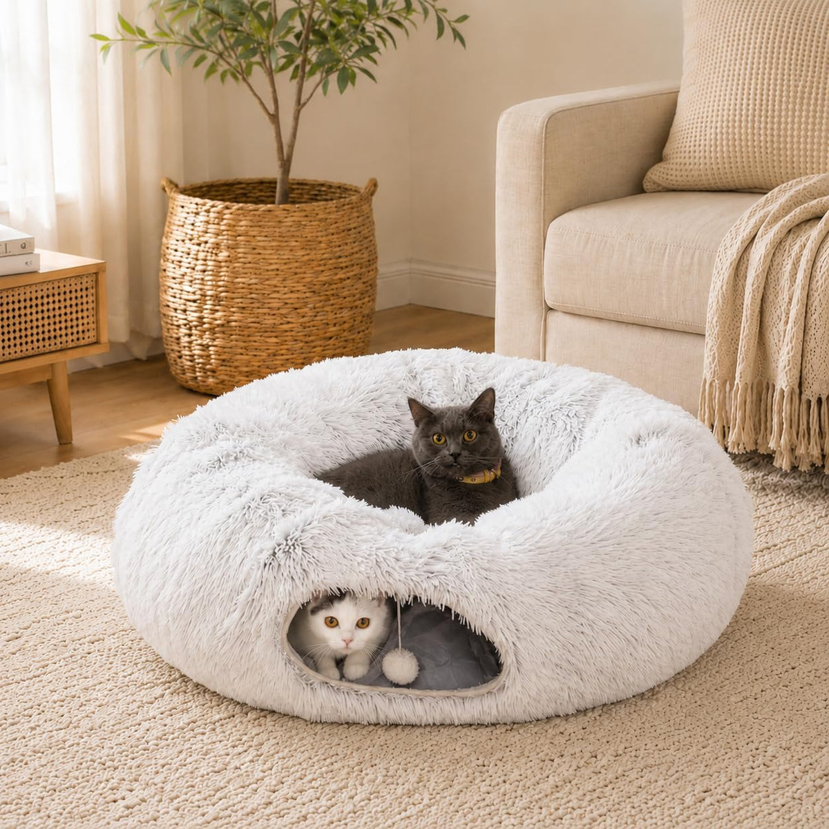 Warm Fluffy Plush Cat Tunnel Bed Under Christmas Tree Big Tube Playground Toys 3 FT Diameter Longer Crinkle Collapsible 3 Way, for Indoor Cat Kitty Kitten Puppy Rabbit Ferret Brown - Image 9