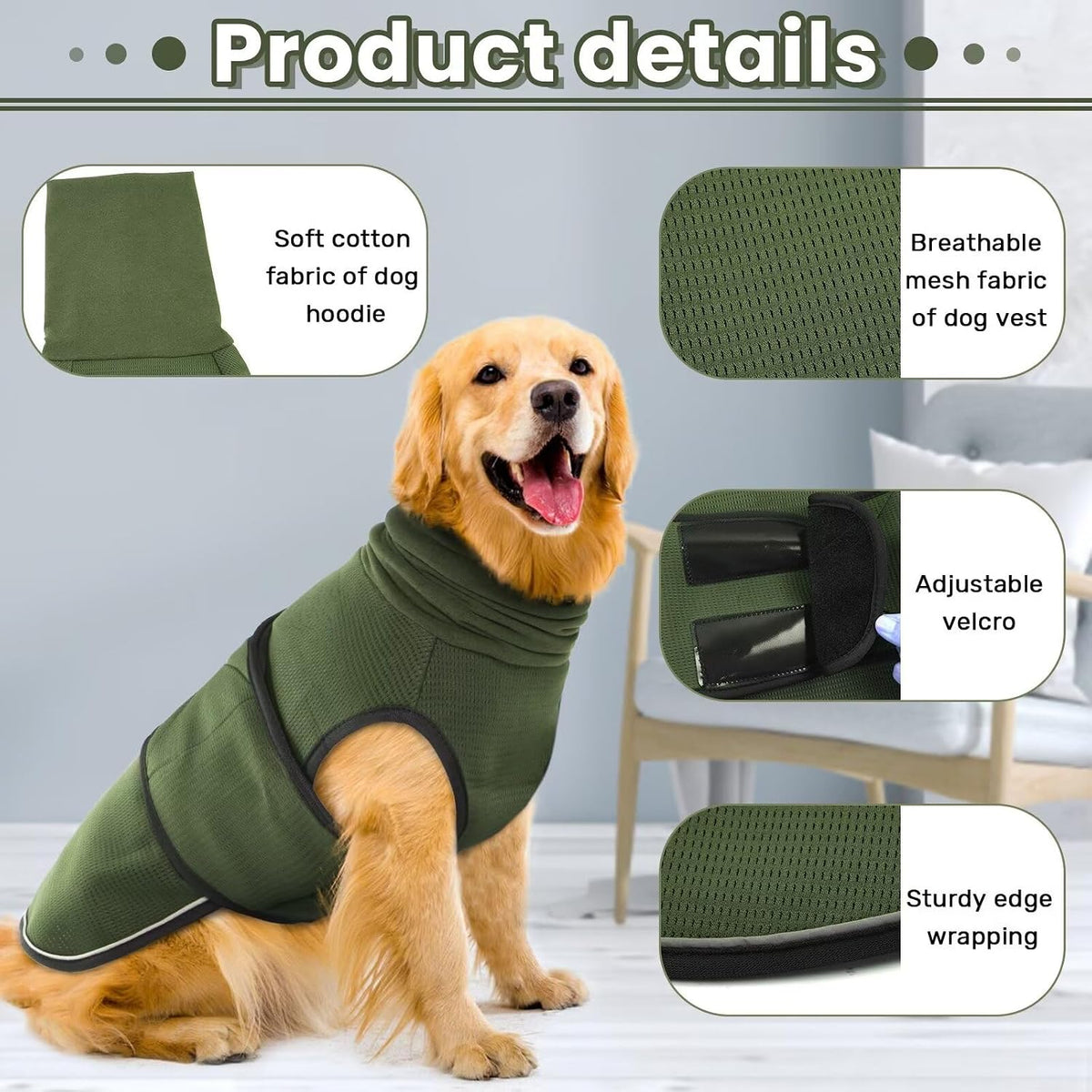 Close up of Idomik dog anxiety vest hoodie and ear cover detail