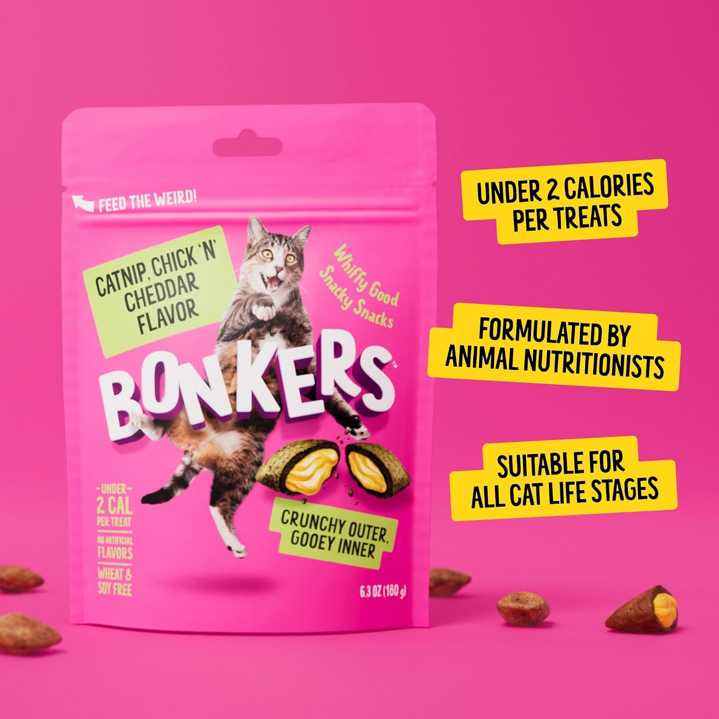 Wheat free and soy free cat snacks by Bonkers brand showing ingredient safety profile