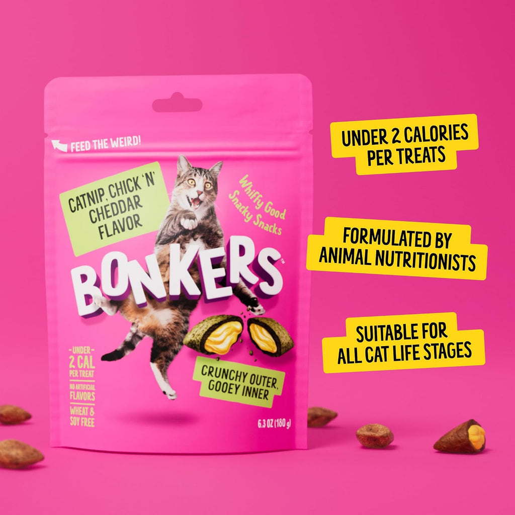 Top view of Bonkers Bites chicken flavored crunchy cat treats