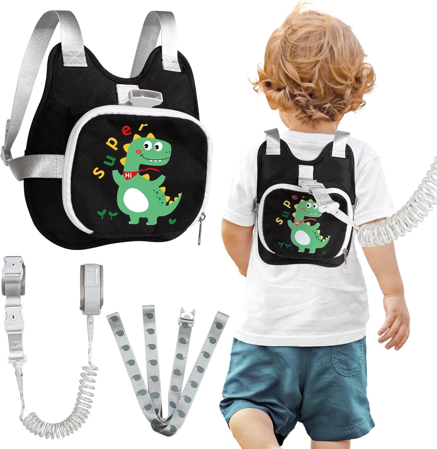 Bearcouple toddler harness backpack with dinosaur design front view