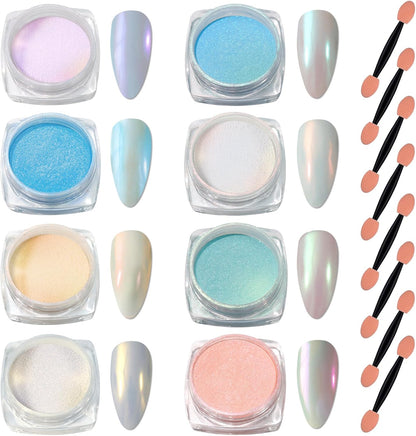 Laza Mermaid Pearl Chrome Nail Powder 8-color kit front packaging view.