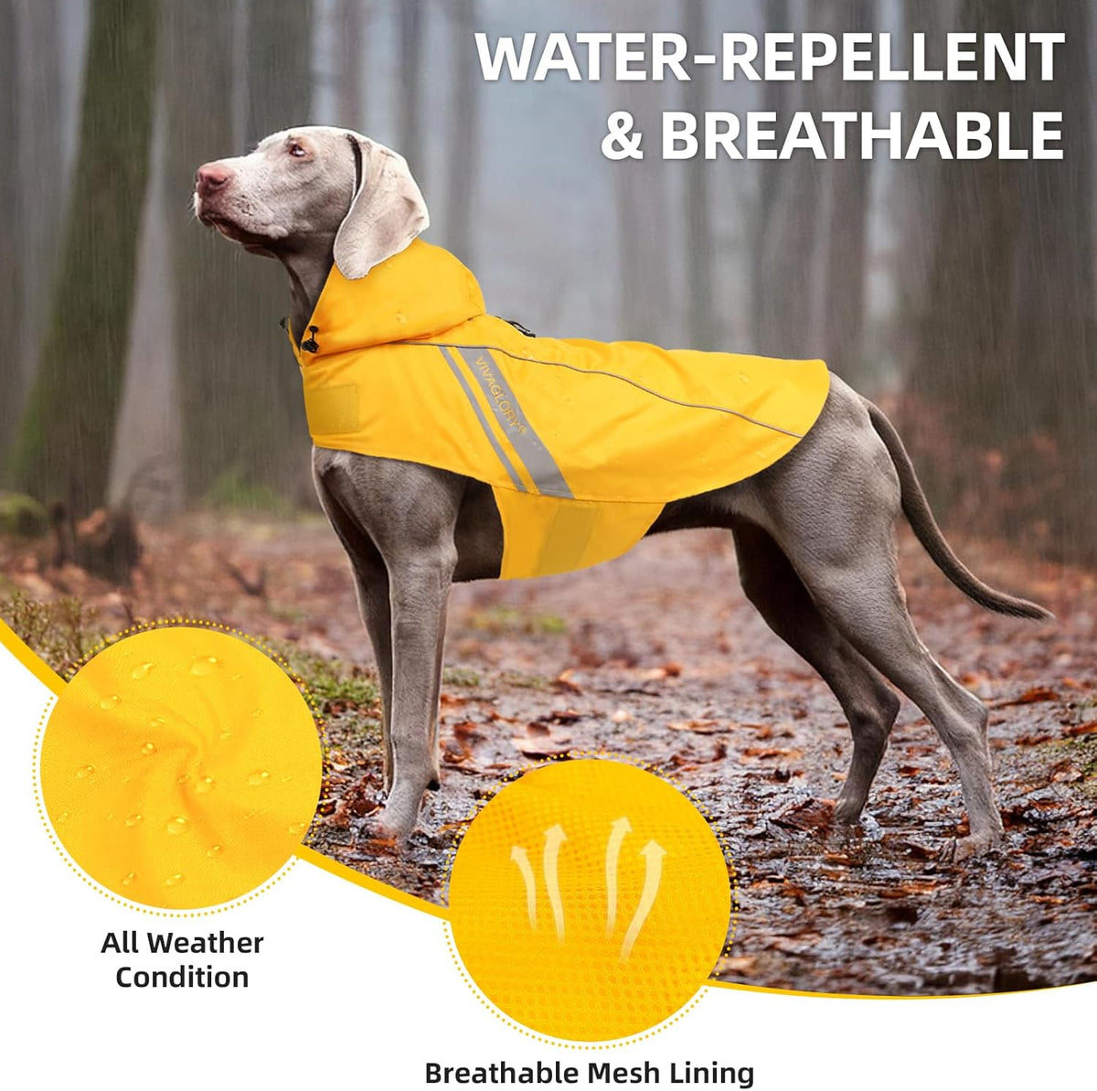 Vivaglory waterproof pet jacket side view with reflective trims