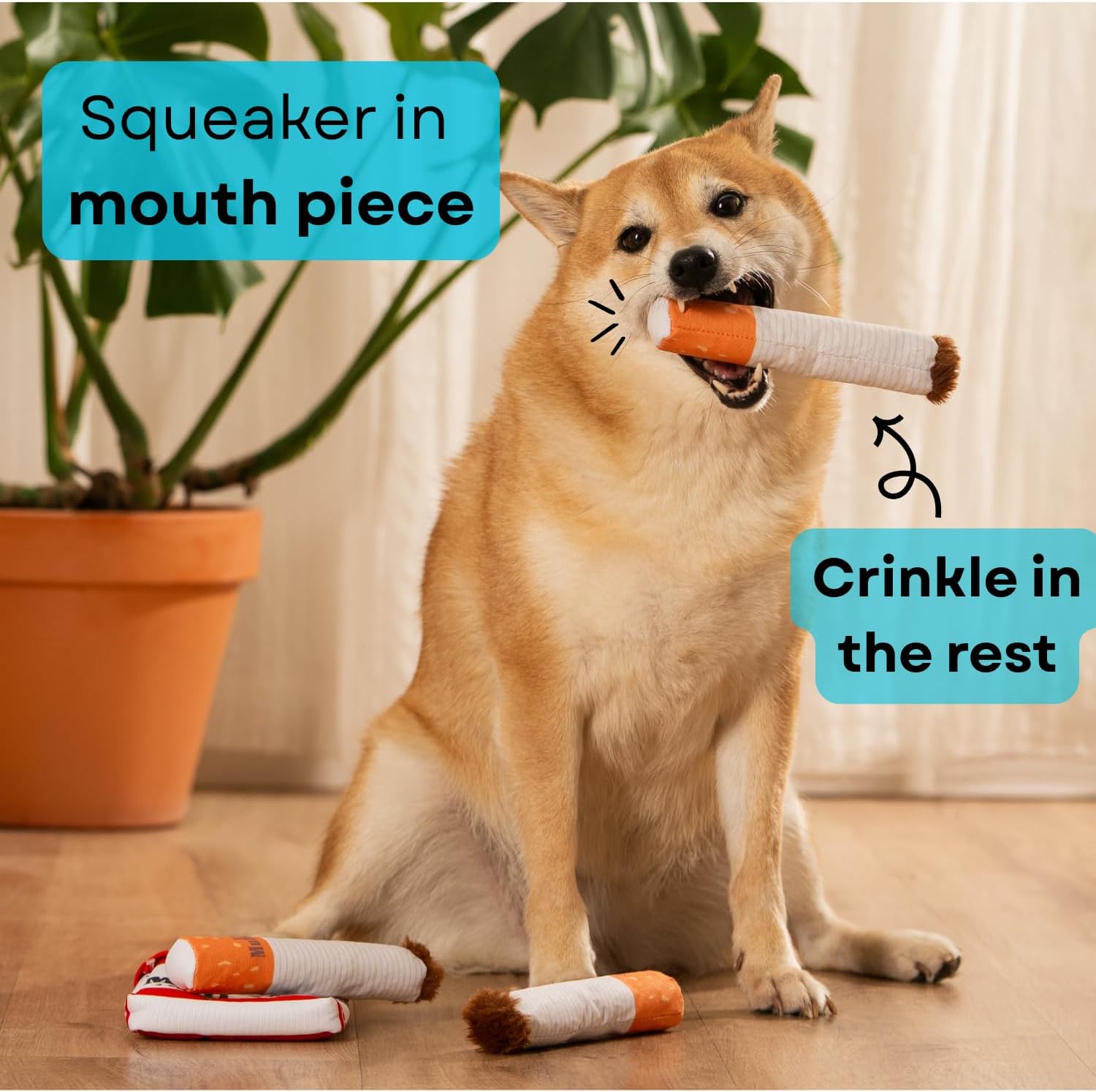 Side angle of the Muttboro Doggy Cigs plush toy highlighting the treat hiding compartment opening.