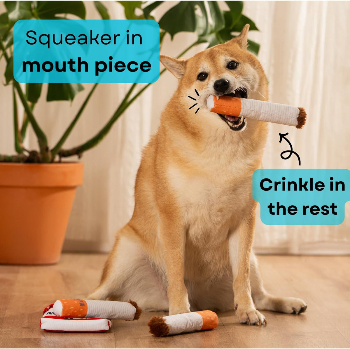 Side angle of the Muttboro Doggy Cigs plush toy highlighting the treat hiding compartment opening.