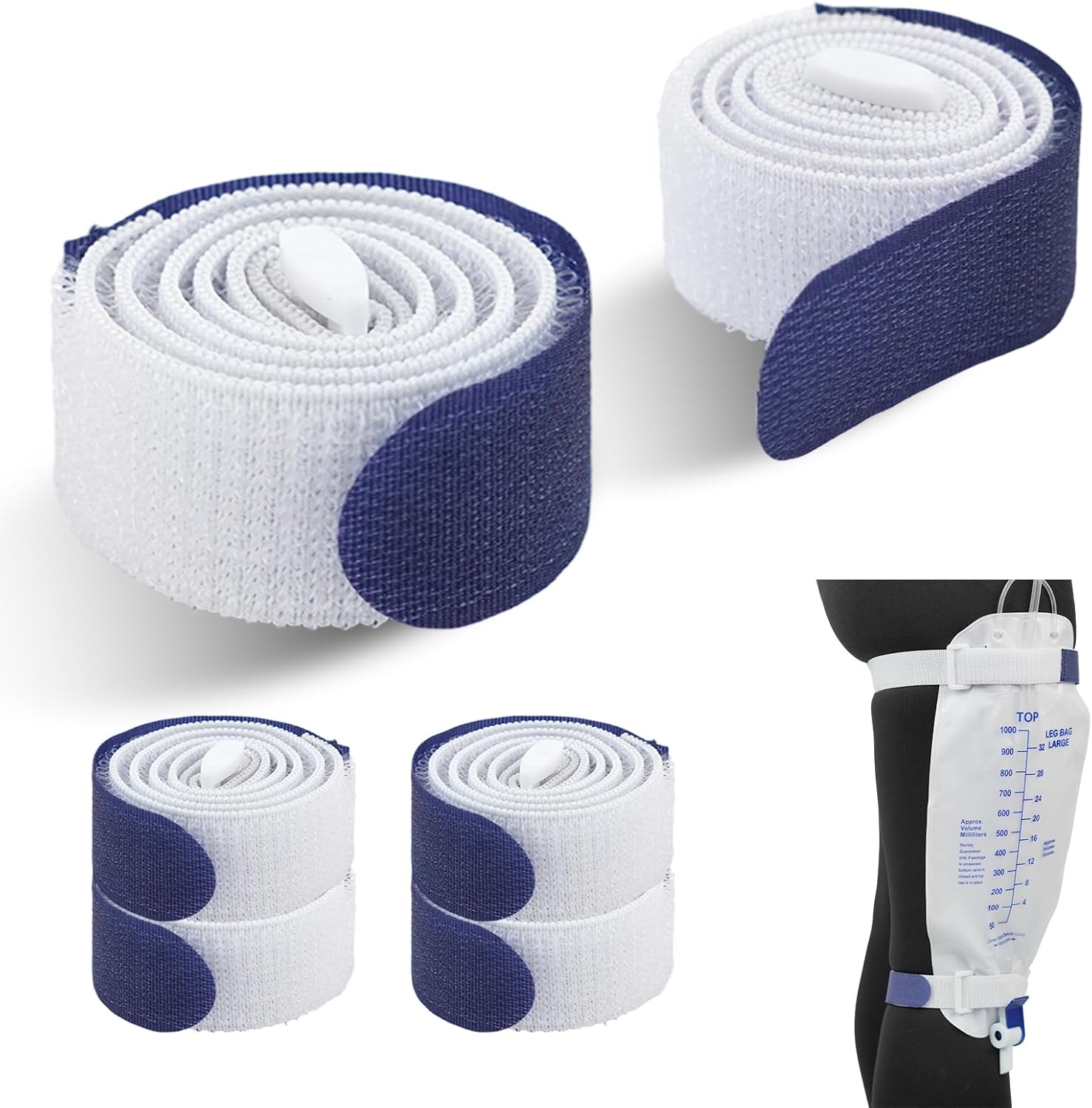 Sivya 4 pack blue catheter leg bag straps front view.