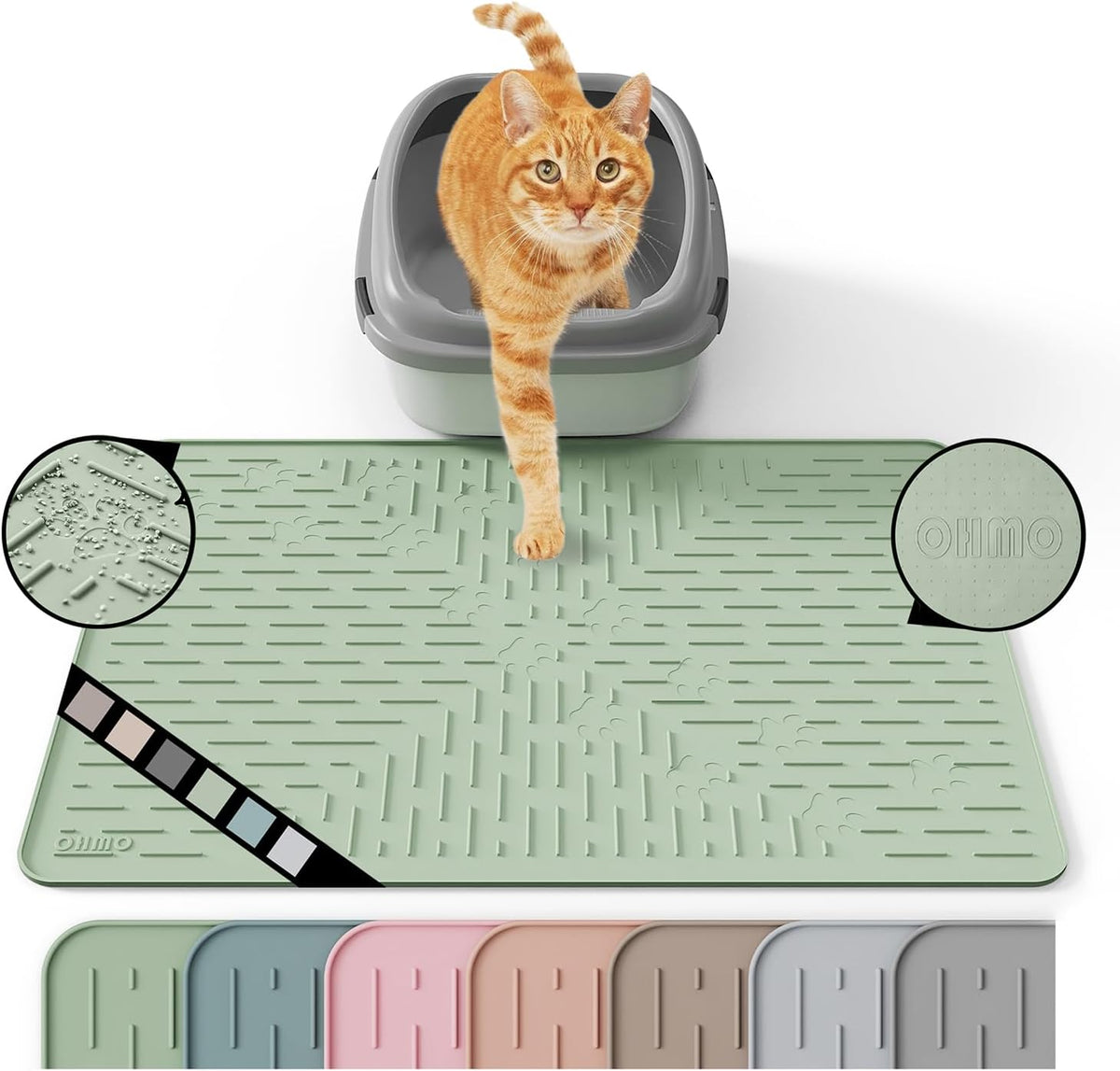 OHMO premium silicone cat litter mat front view in sage green
