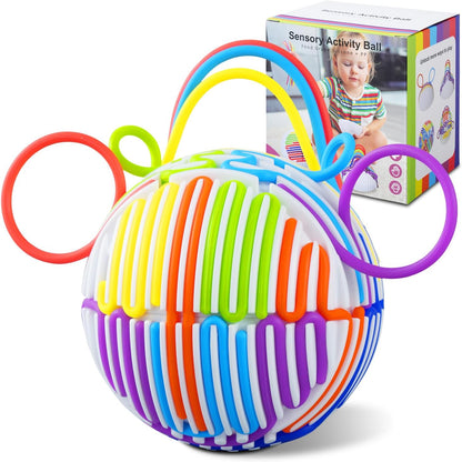 Keculf upgraded 3D sensory activity ball front view showing colorful silicone strings attached to the sphere.