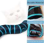 Folded flat blue pet tunnel illustrating space-saving storage capability