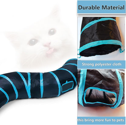 Folded flat blue pet tunnel illustrating space-saving storage capability