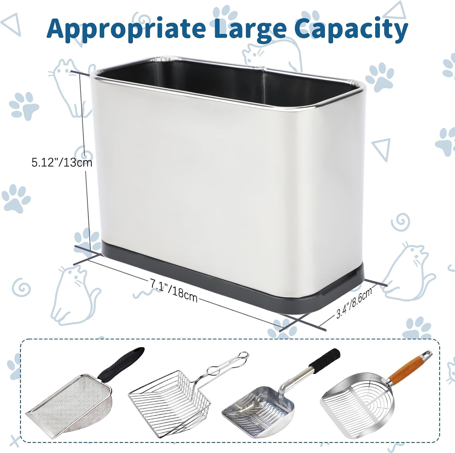 Universal kitty pooper stand holding a metal shovel
