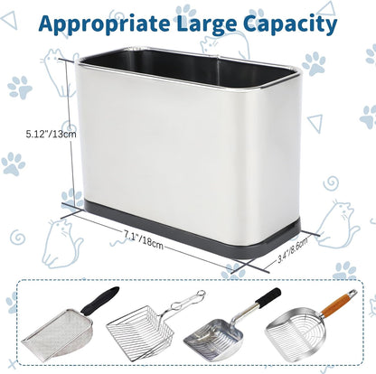 Universal kitty pooper stand holding a metal shovel