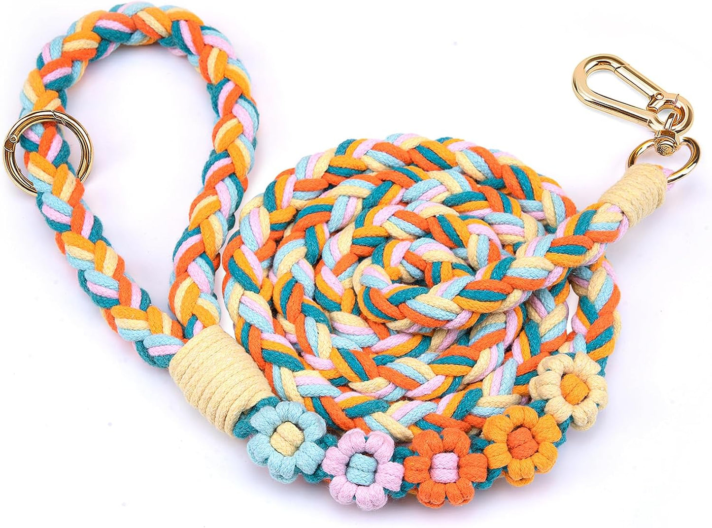 Panda Jianghu handmade braided cotton dog leash front view in vibrant rainbow mix colorway