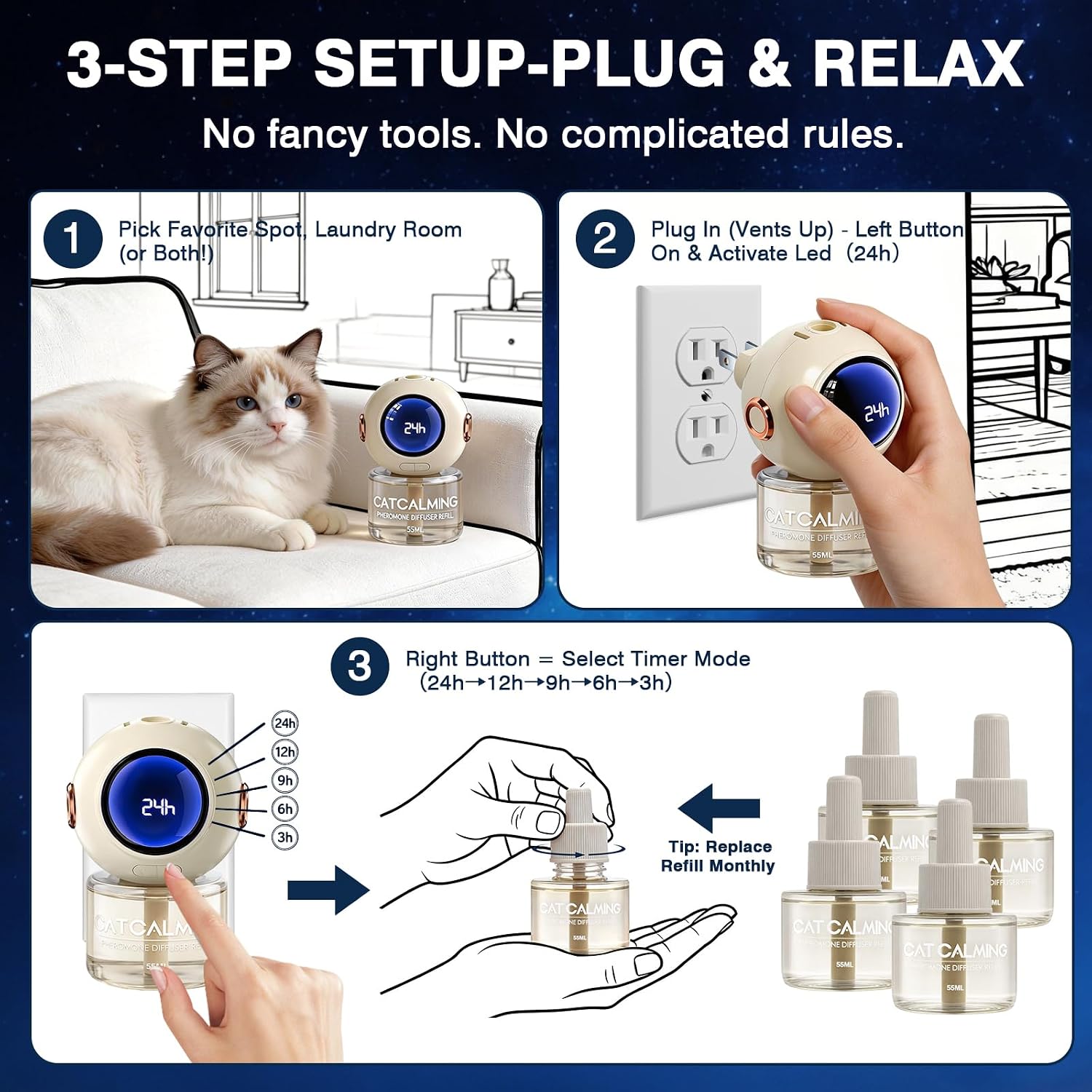Instructions on rotating the plug-in base of the calming device to fit wall outlets