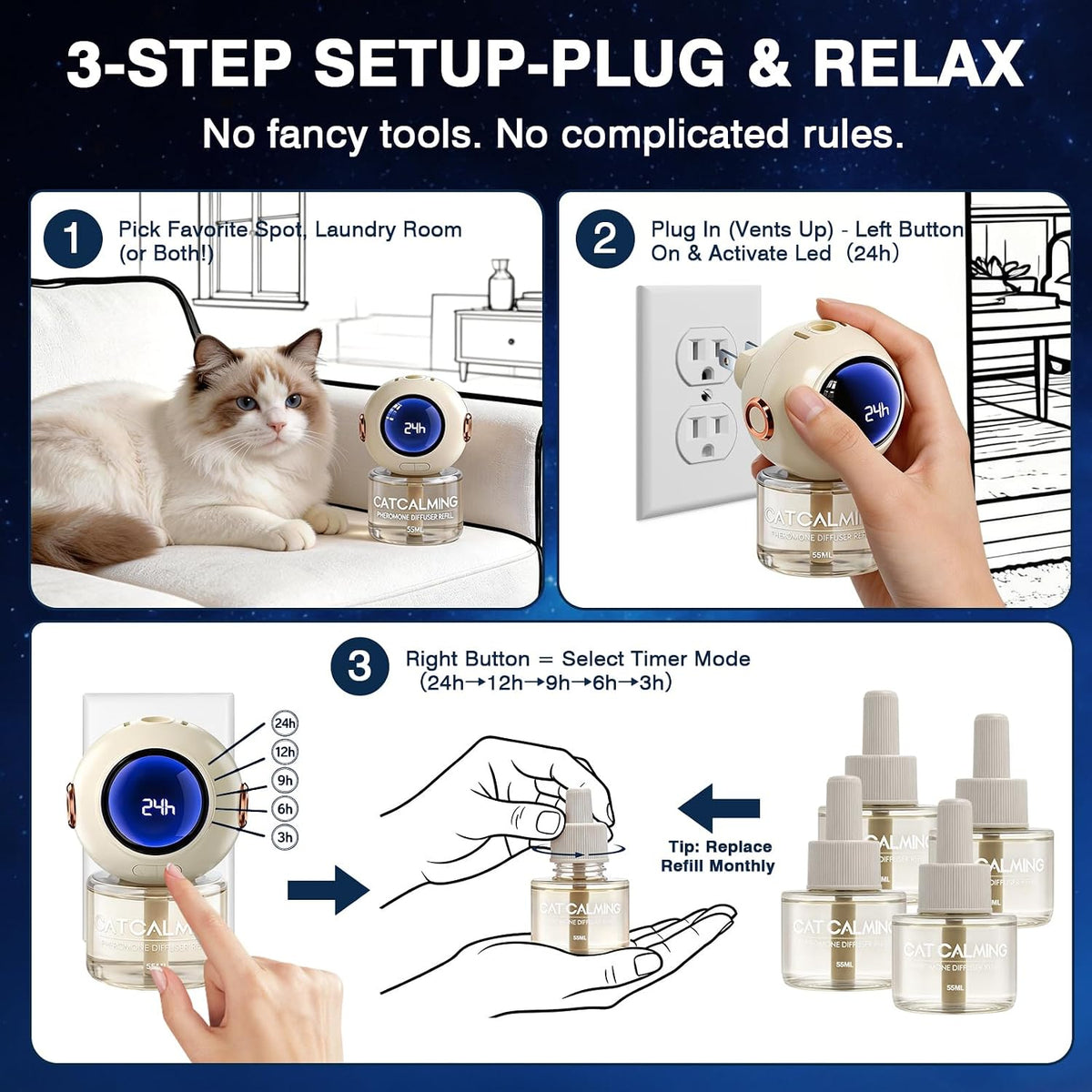 Instructions on rotating the plug-in base of the calming device to fit wall outlets