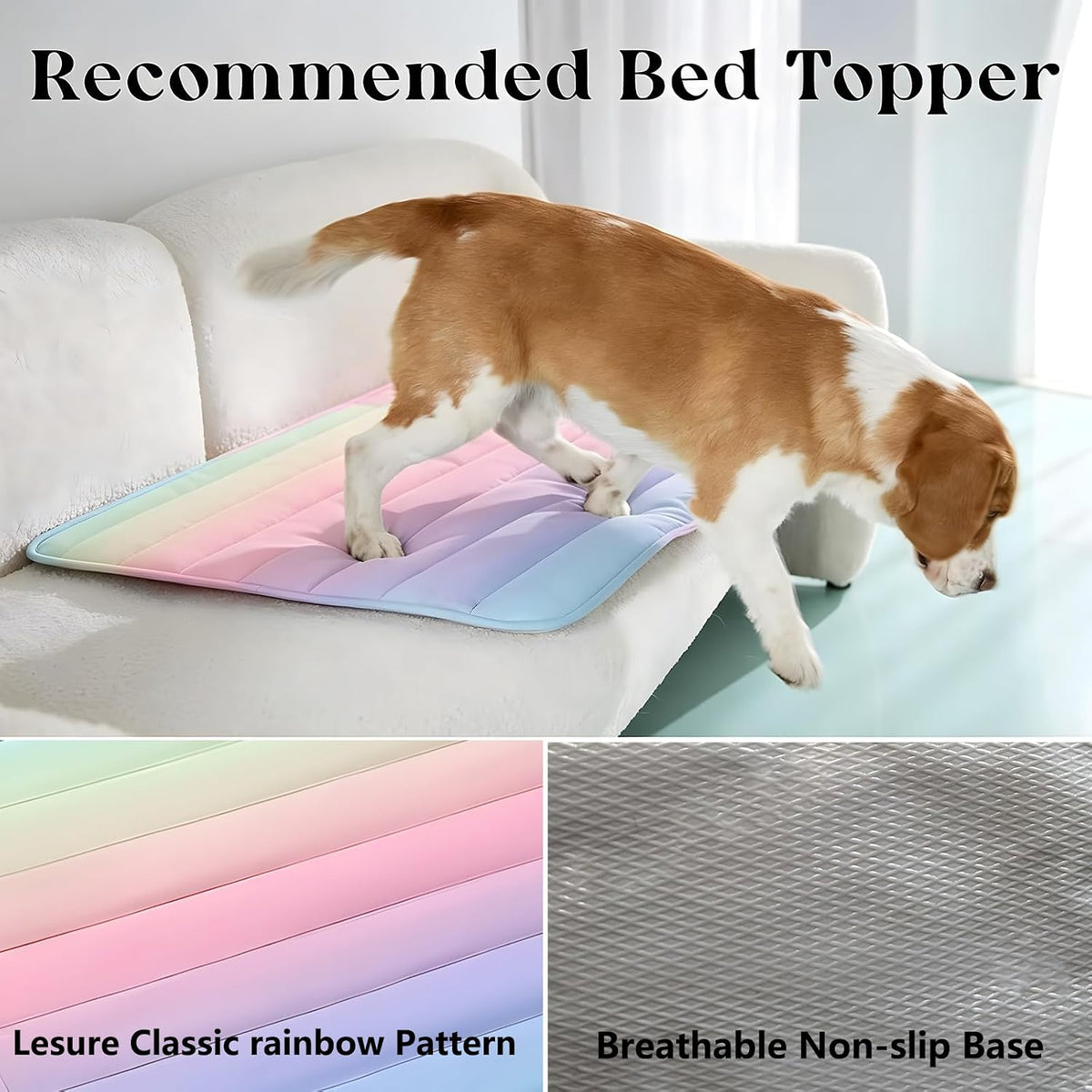 Side angle view of the hand washable rainbow gradient pet cooling mat.