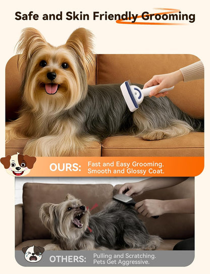 Ergonomic handle of the FeelNeedy pet brush showing the visible battery and water tank indicators.