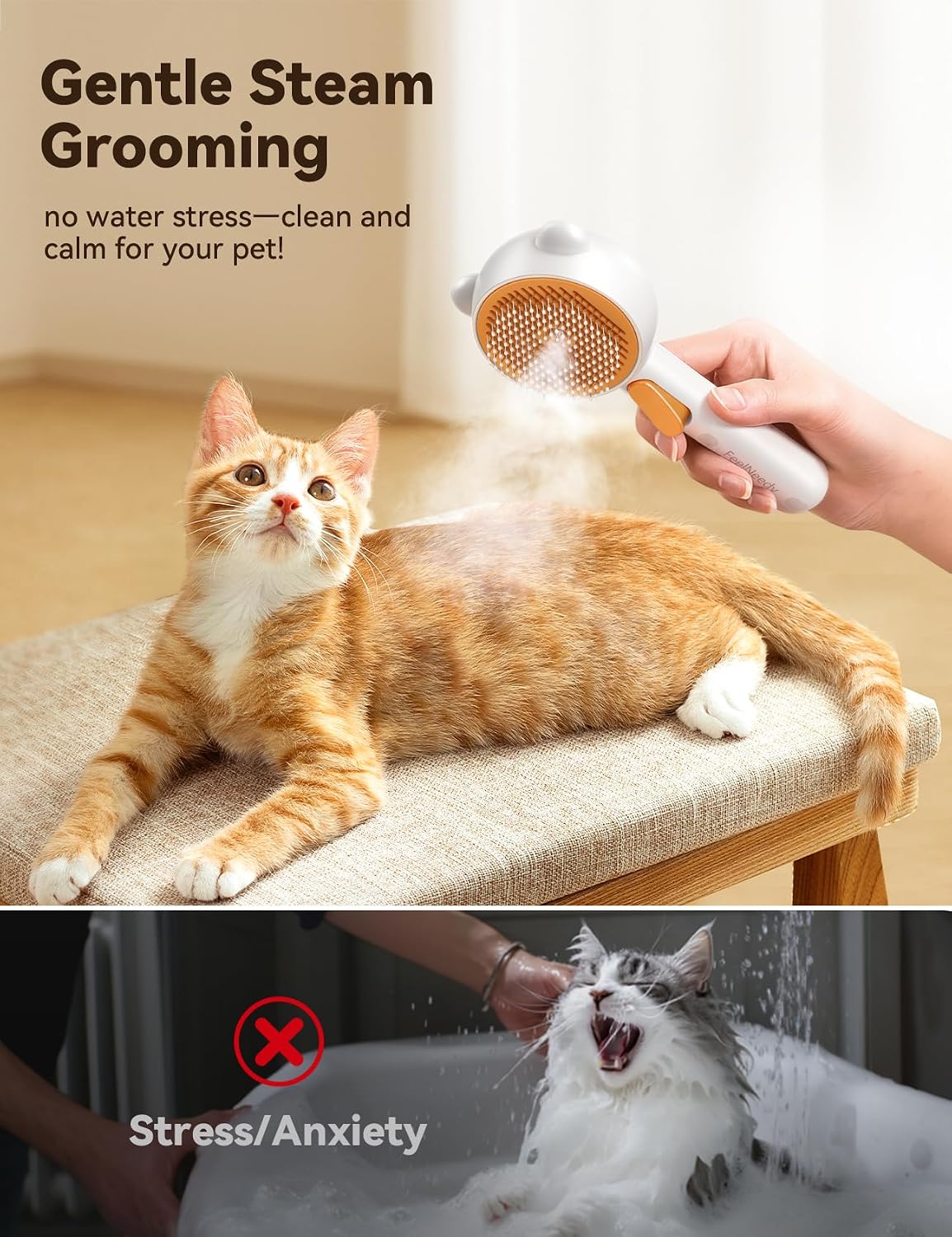 FEELNEEDY 3-in-1 pet grooming brush back view highlighting the self-cleaning hair release button.