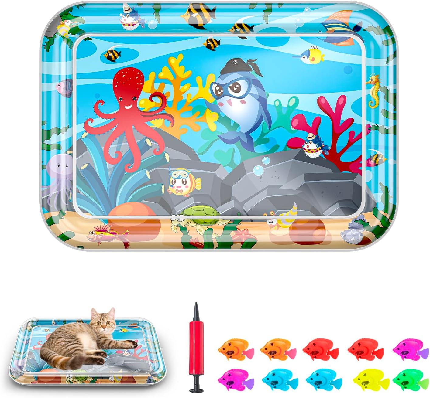 Marine Life Themed Cat Play Mat, Thickened Water Sensor Play Mat for Cats, Water Sensor Play Mat with Fish, Pet Water Sensor Mat, Water Sensor Mat Water Feature (Square Octopus & Lights) - Image 11
