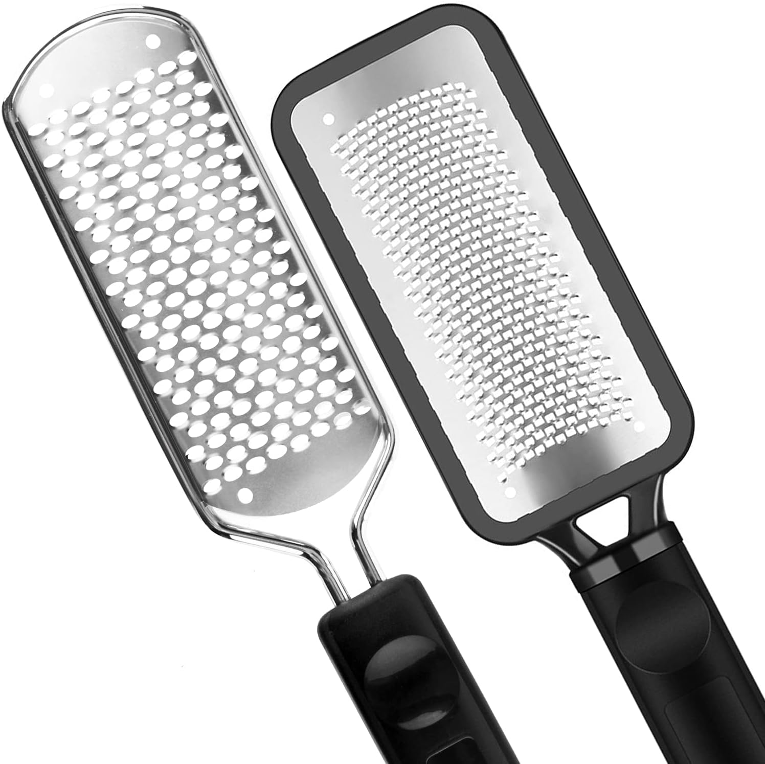ALOCKMA pedicure foot file front view showing the stainless steel colossal rasp surface and non slip black handle.