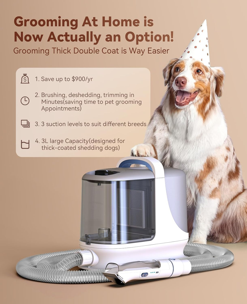 oneisall Dog Grooming Vacuum, 13000Pa Extra Large 3L Dust Cup Pet Vacuum with Clipper Nail Grinder & Shedding Brush, 7 in 1 Dog Grooming Kits, Low Noise, 3X Capacity & 3 Suction Levels, BM3 - Image 9