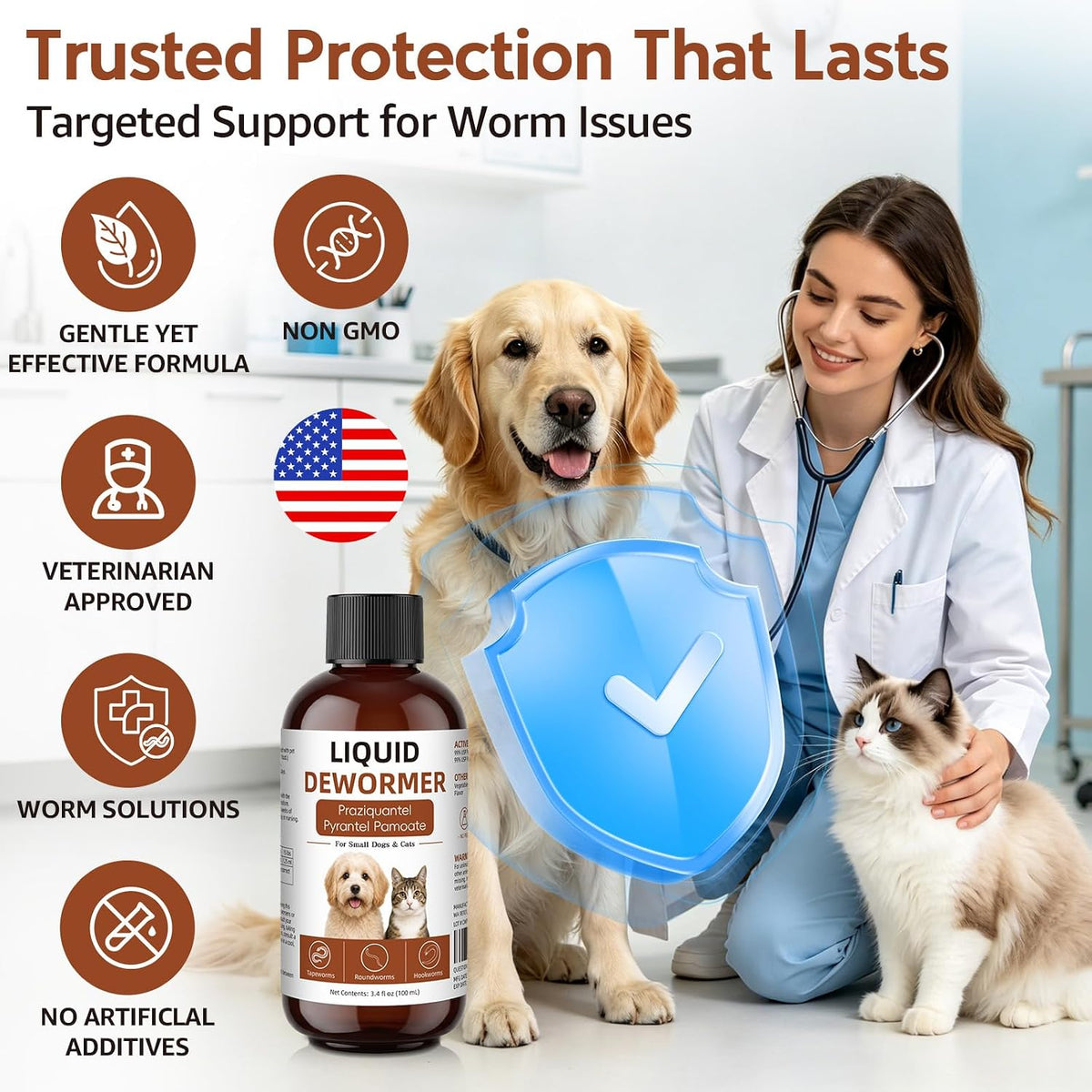 Nice2cu dog wormer liquid packaging highlighting tapeworm roundworm and hookworm treatment.