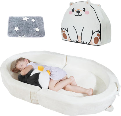 BUMNANA toddler travel floor bed front view showing the soft white cushioned sleeping area for kids.