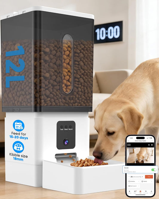 Wnfuo large dog automatic feeder front view showing twelve liter transparent food window