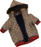 Small dog wearing designer winter hoodie jacket