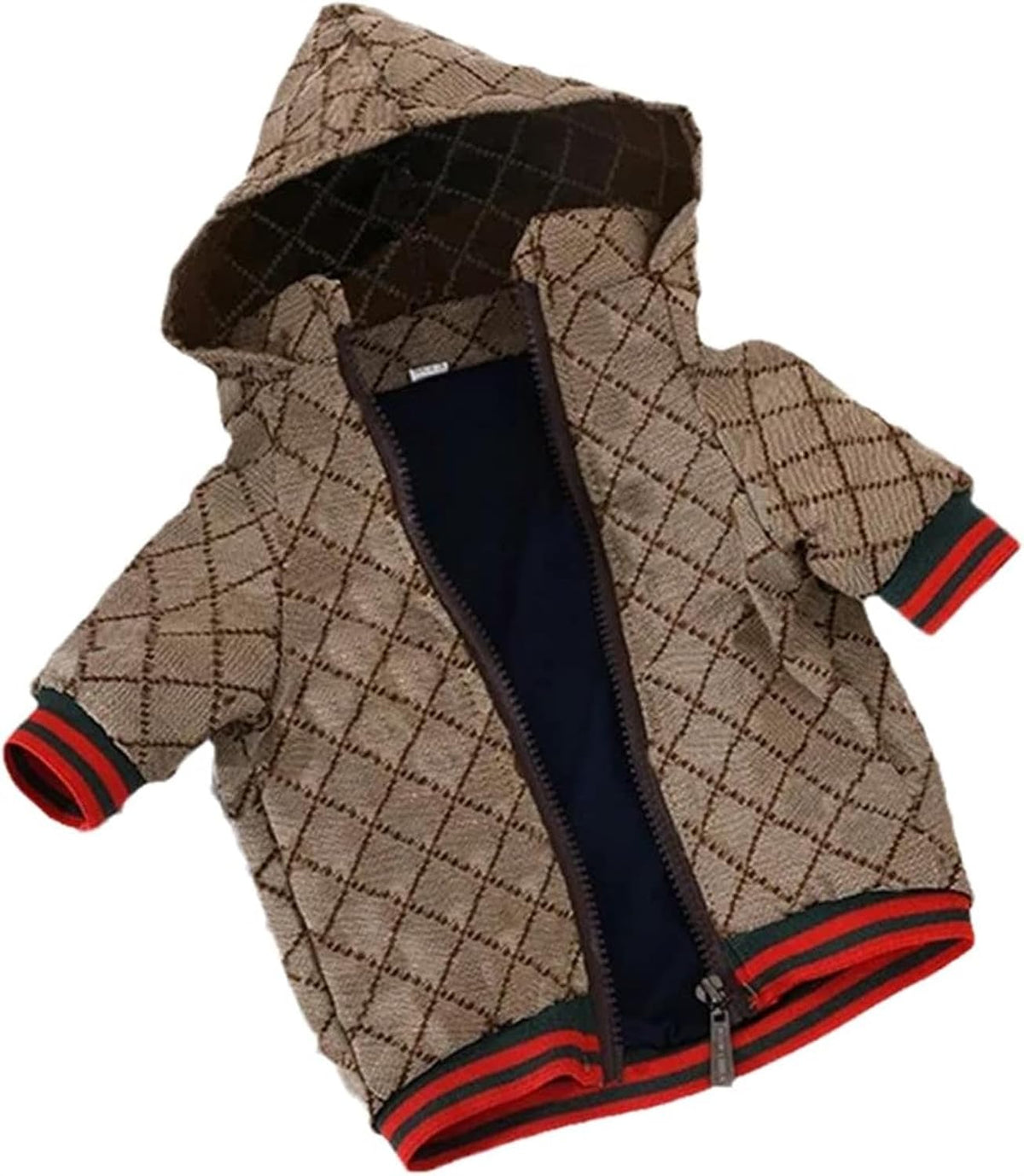 Small dog wearing designer winter hoodie jacket