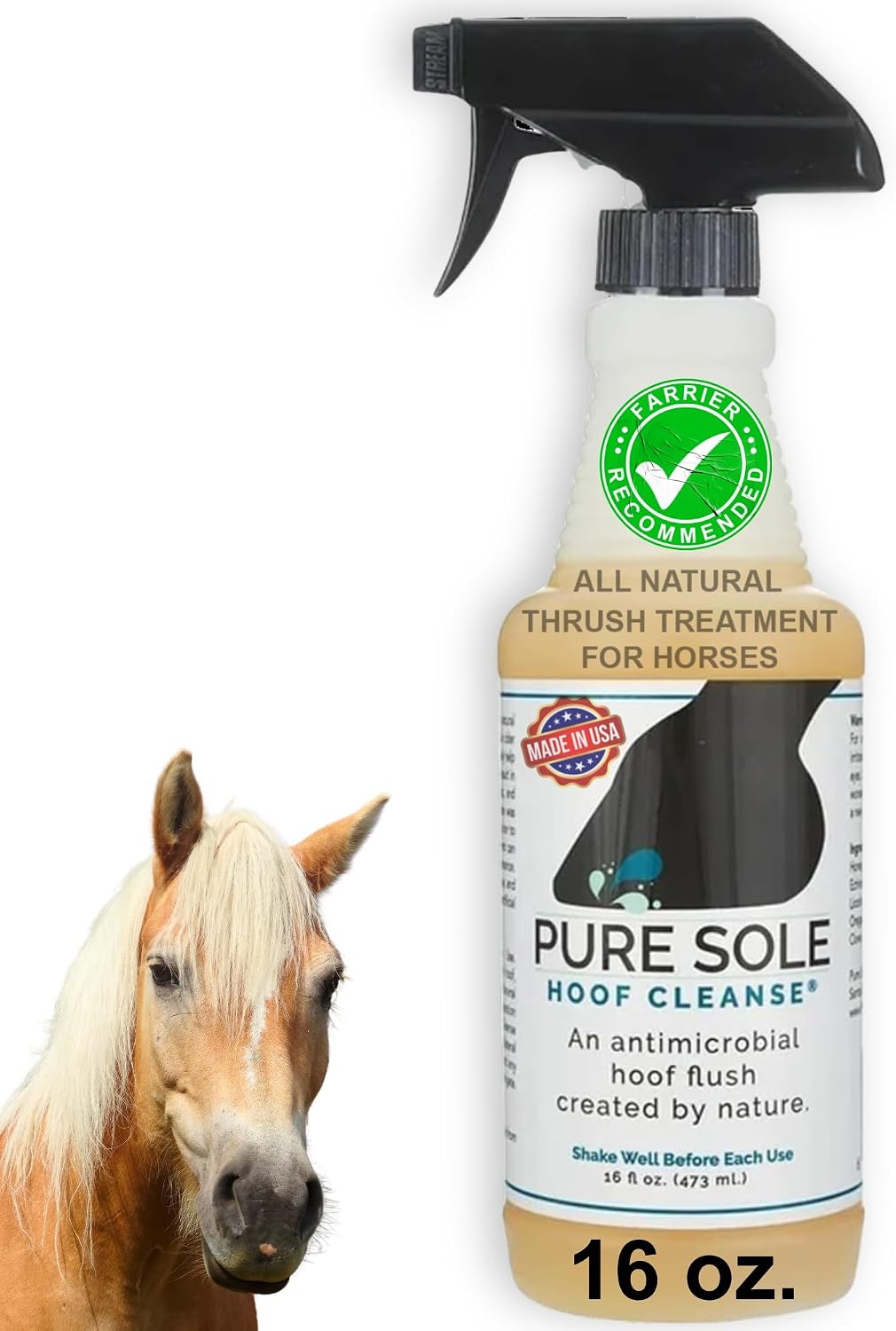 Close-up of the non-stinging horse thrush cleansing spray flushing out deep collateral grooves.