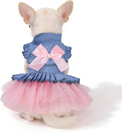 Denim puppy vest dress with matching bowknot clips