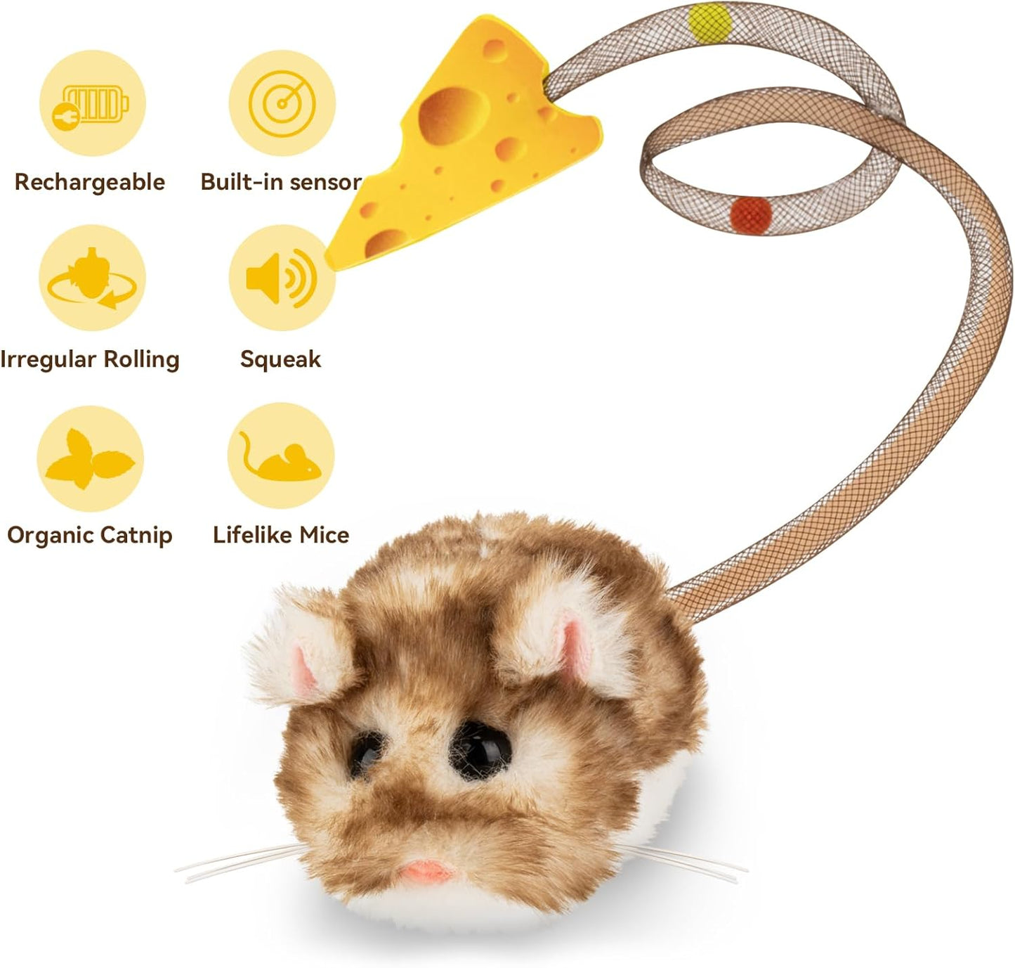 Brown plush cat toy with its universal serial bus charging port visible.