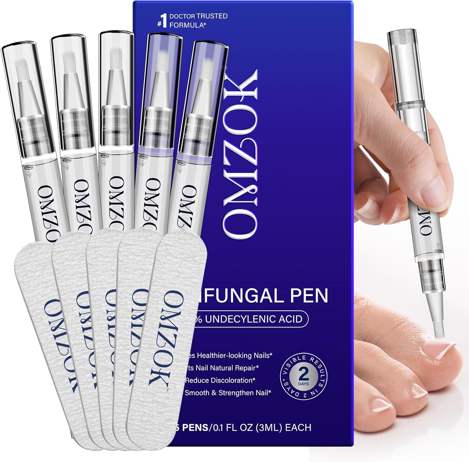 OMZOK Toenail Fungus Treatment Pen front view showcasing the five piece applicator set packaging.