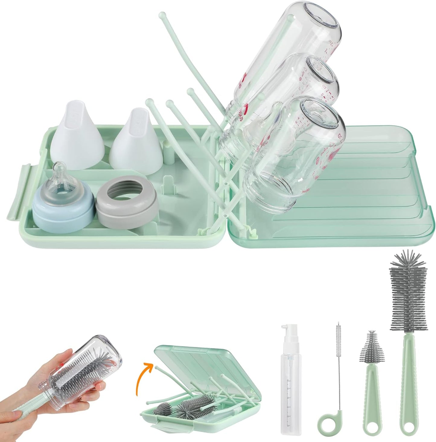 YomauiYee 6-in-1 baby bottle cleaning kit in green front view