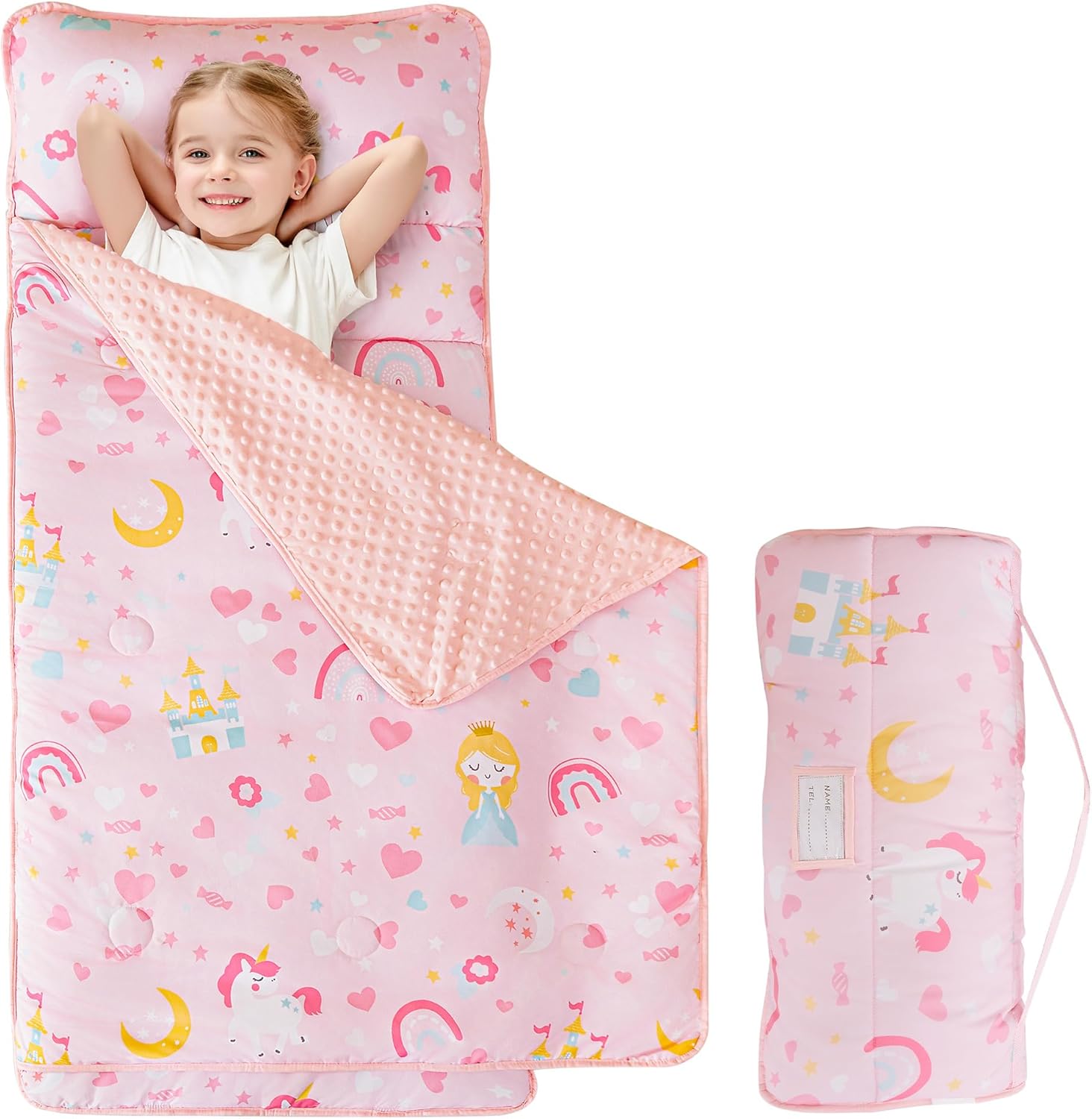 Viviland toddler kid nap mat front view showing pink princess design