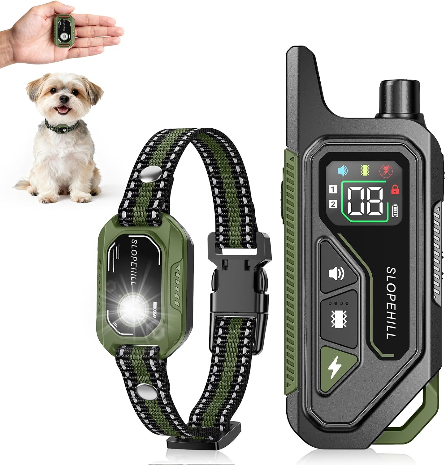 Slopehill mini shock collar for small dogs front view with green strap and remote control
