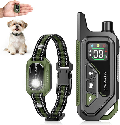 Slopehill mini shock collar for small dogs front view with green strap and remote control