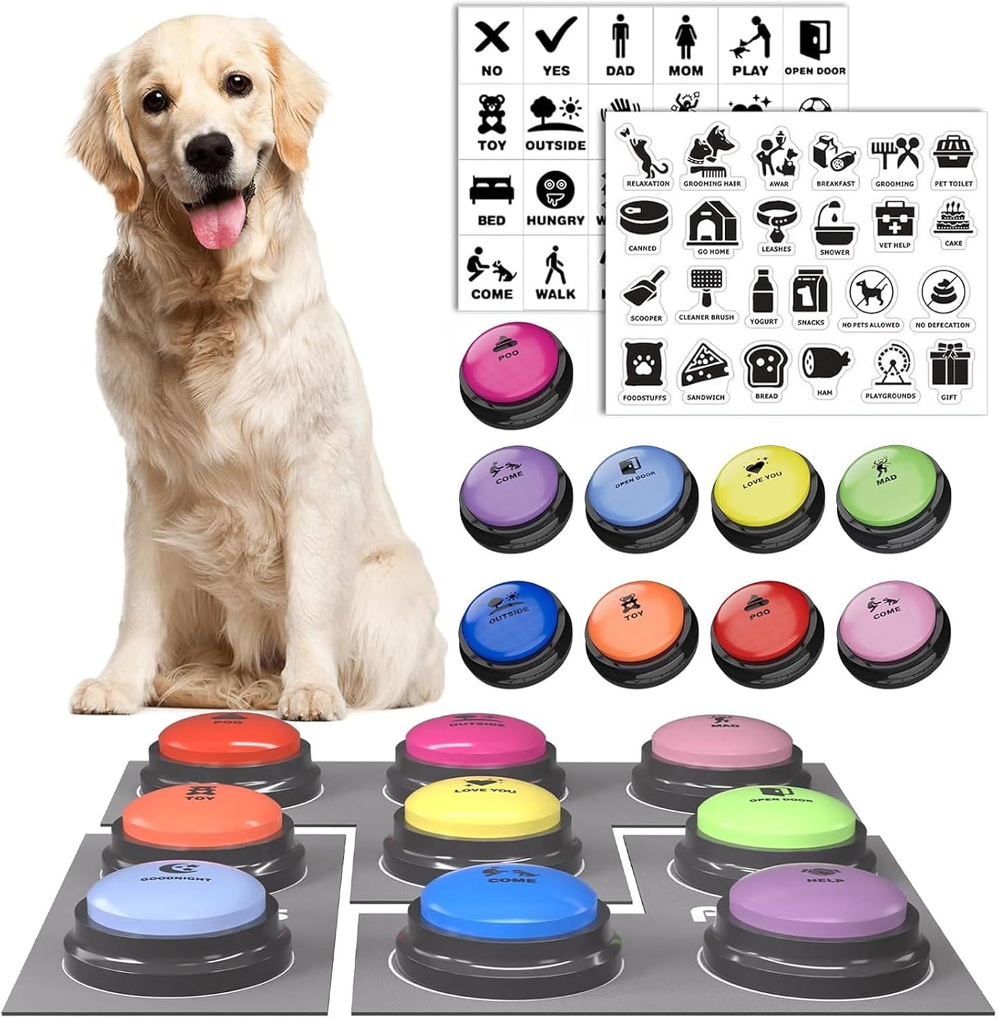 Acools Dog Buttons for Communication, 6 Pcs Dog Talking Button Set, 30s Voice Recordable Pet Training Buzzer, Speaking Buttons for Cats & Dogs with Waterproof Dog Activity Mat and 24 Scene Stickers - Image 12