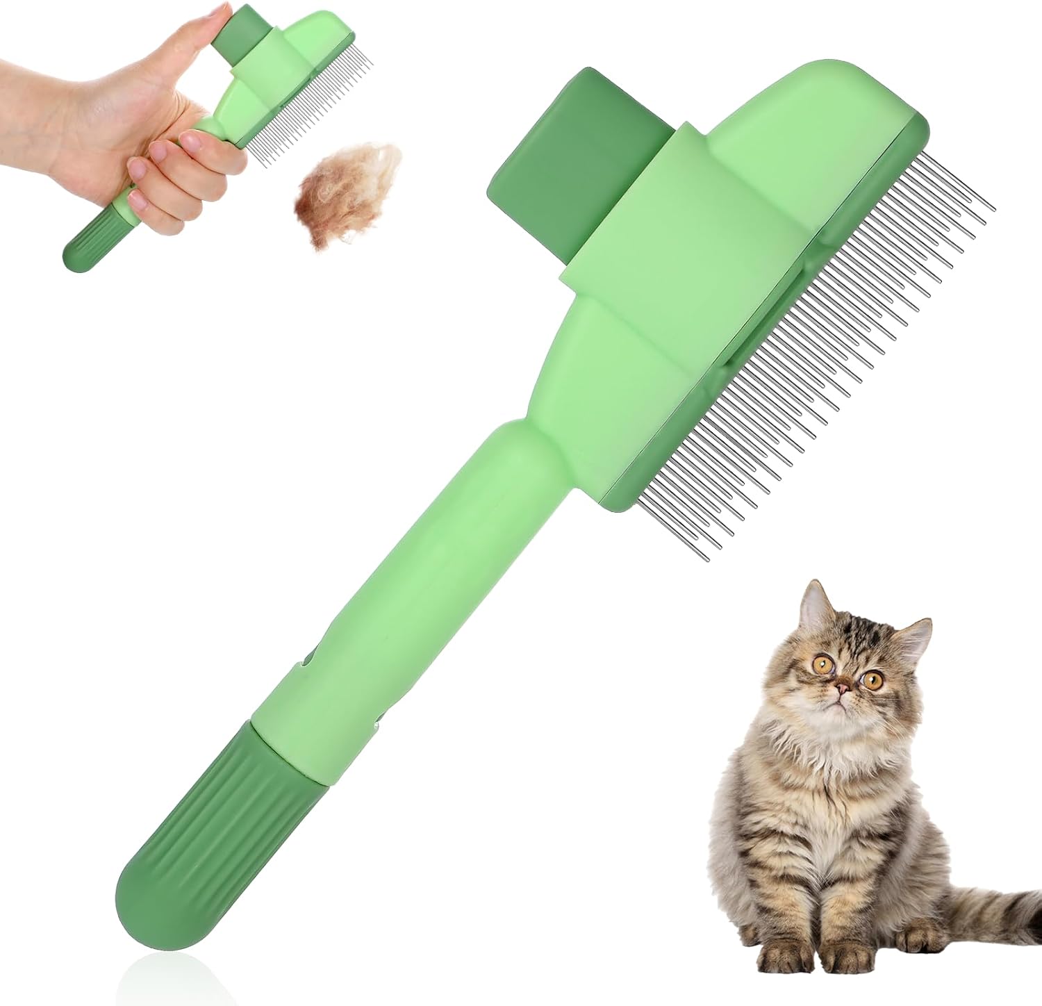 Infinite Paradise self cleaning flea comb front view showcasing green ergonomic handle.
