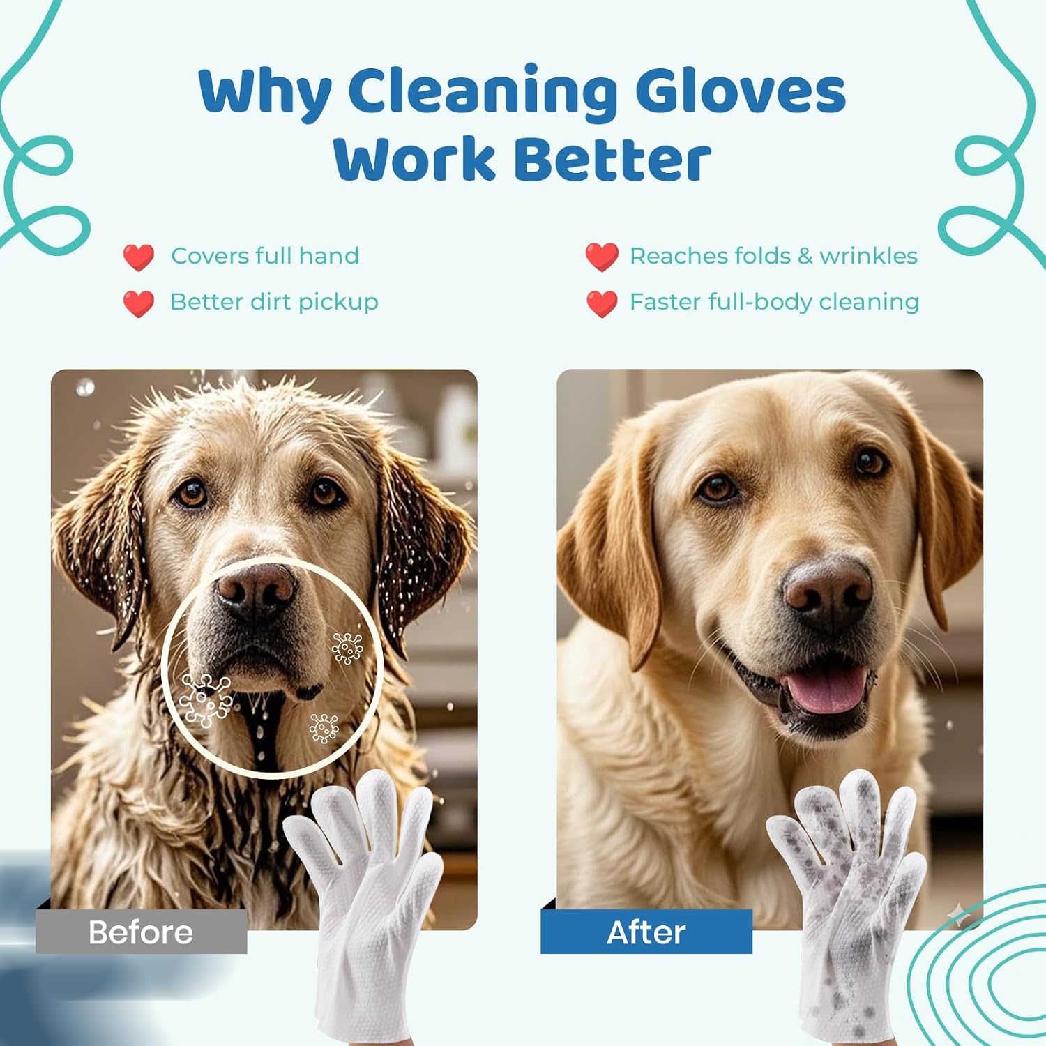 Hypoallergenic no-rinse pet wipe glove showing coconut scent ingredients