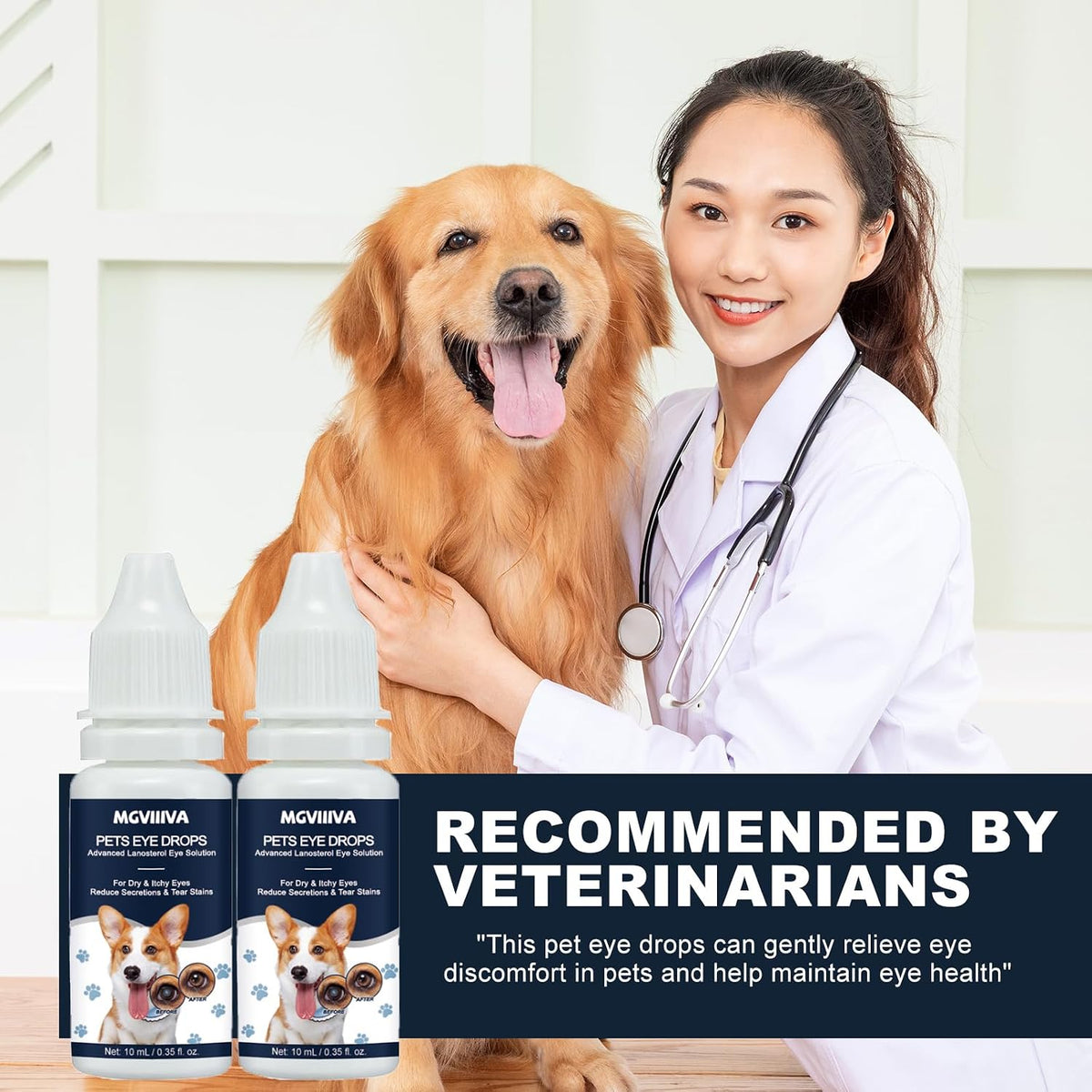Mgviiiva dog and cat eye drops showing protective caps and sterile application nozzles.