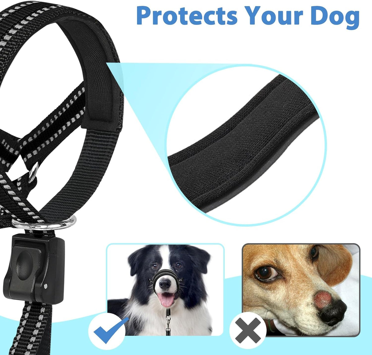 Barkless dog head collar with safety link attachment